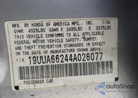 2004 Acura Tl from USA, damaged, VIN 19UUA66244A026077